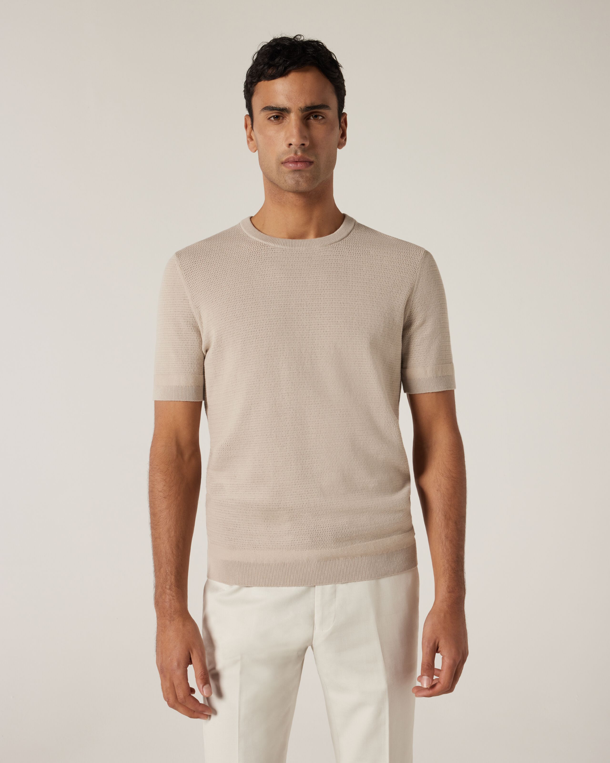 Crew Short Sleeve Knit - Bone - 5 Button Windowpane Check